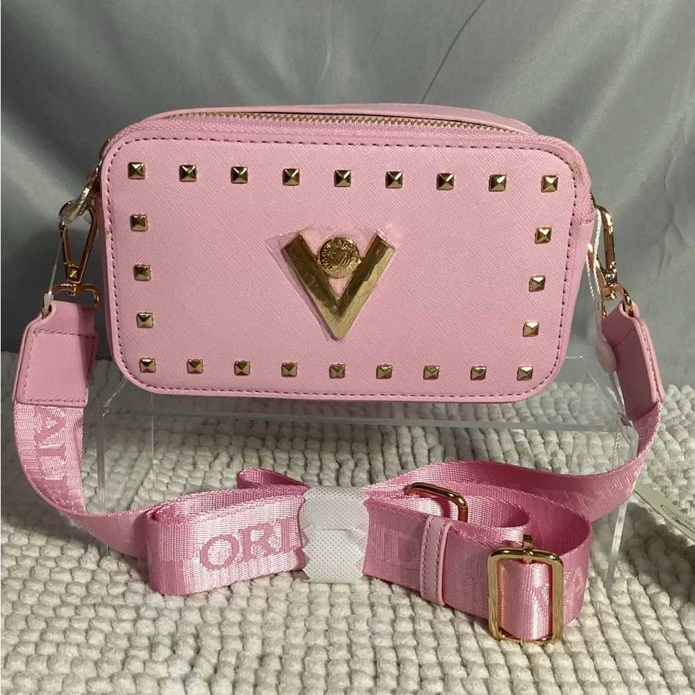 Valentino Orlandi Studded Baby Pink Double Zip Camera Crossbody Bag NEW